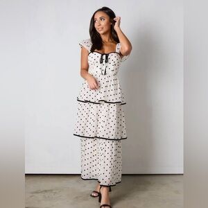 Polka Dot Tiered Maxi Dress with Black Trim